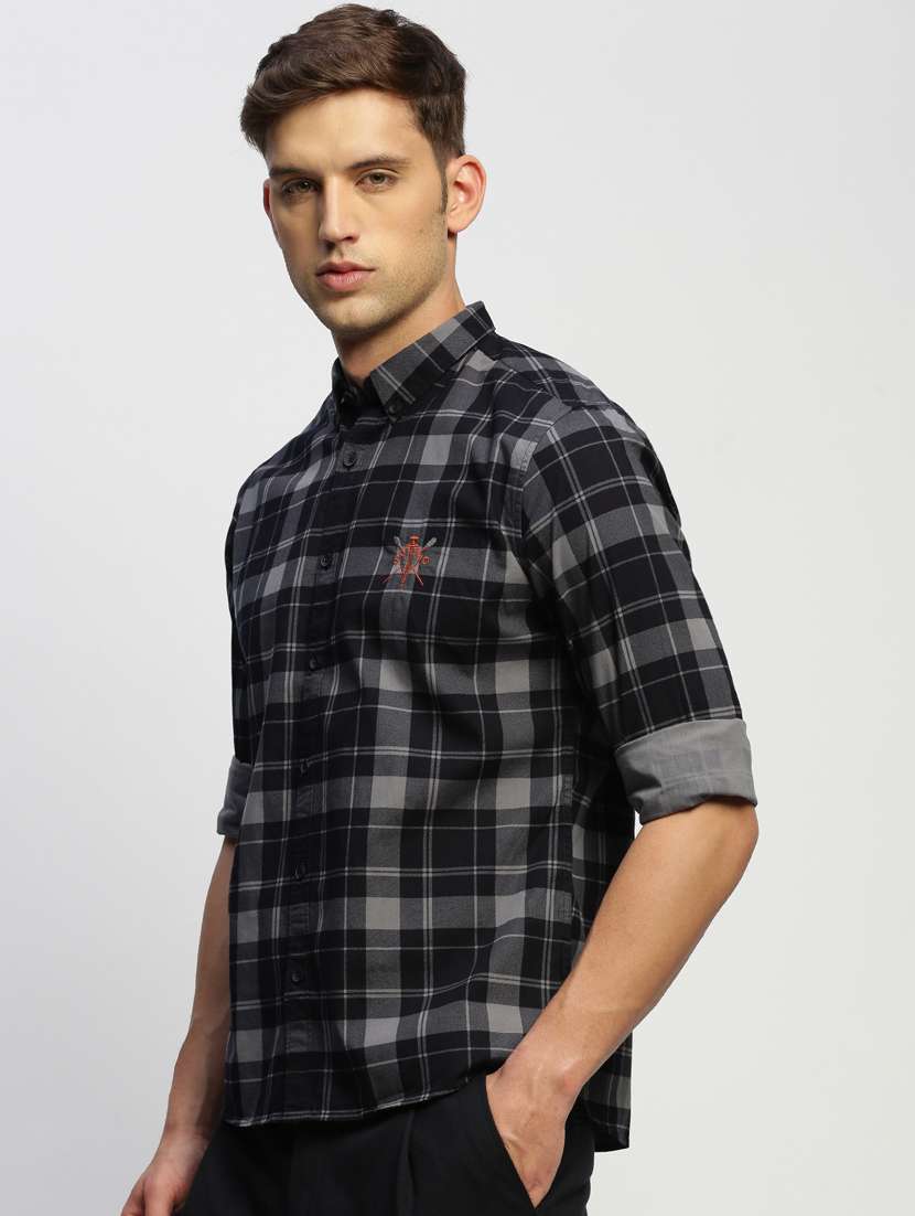 men charcoal colored checkered cotton blend casual shirt - 20383986 -  Standard Image - 1