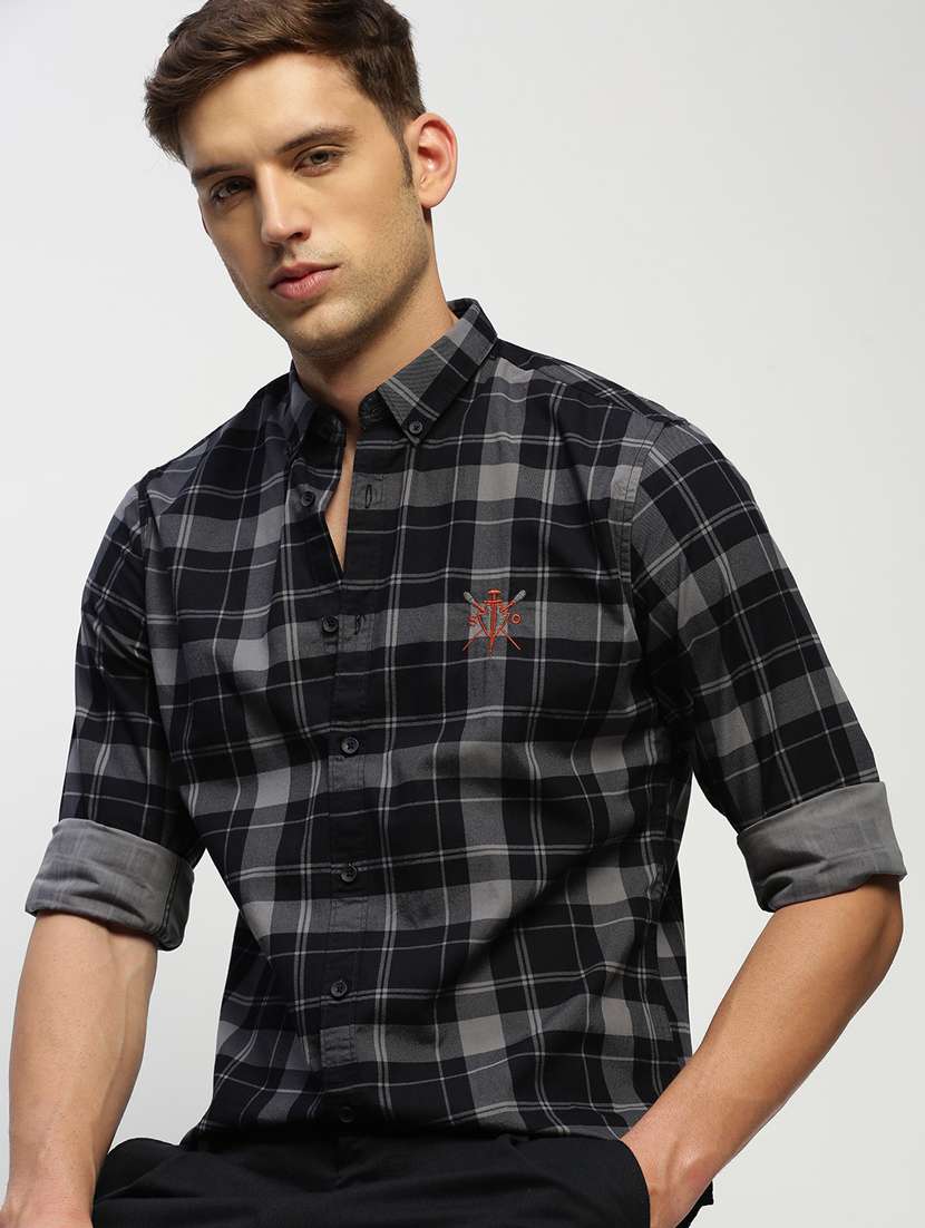 men charcoal colored checkered cotton blend casual shirt - 20383986 -  Standard Image - 4