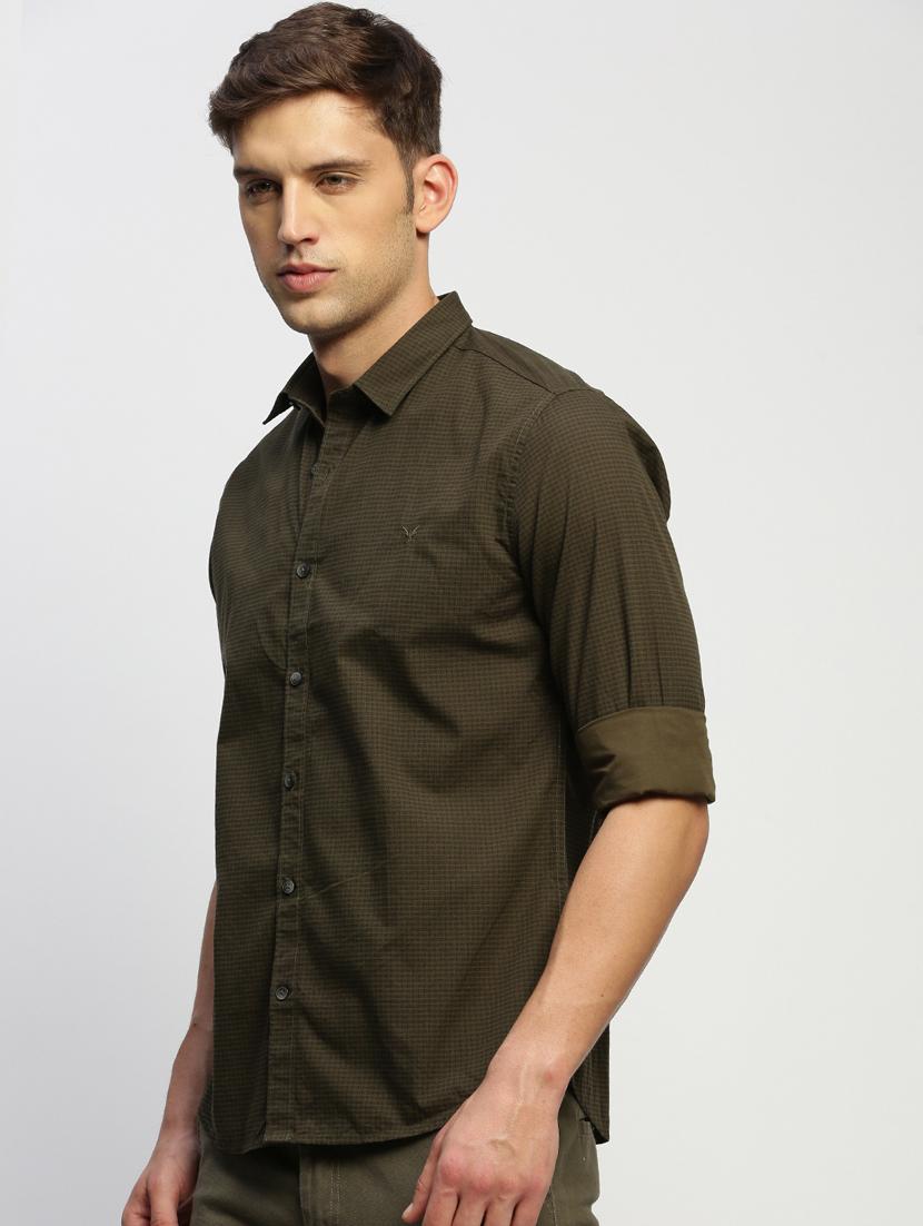 men olive checkered cotton blend casual shirt - 20383990 -  Standard Image - 1
