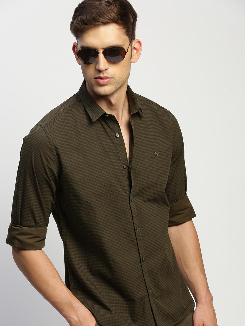 men olive checkered cotton blend casual shirt - 20383990 - Standard Image - 4