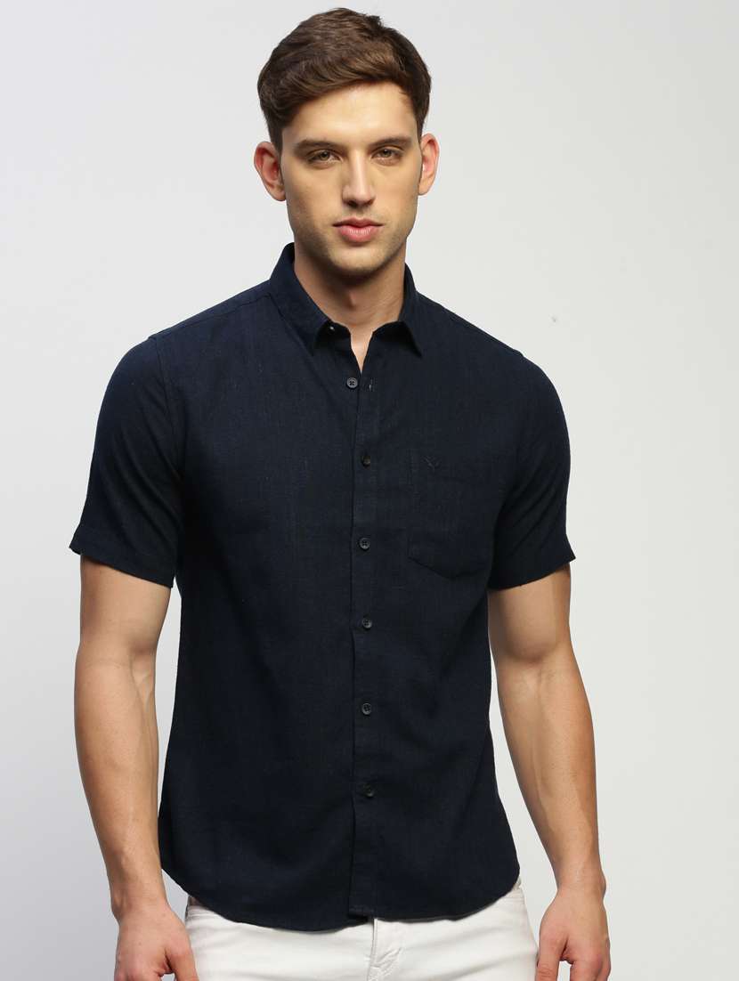 men navy blue cotton blend casual shirt