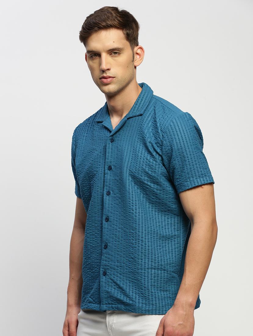 men teal self design cotton blend casual shirt - 20383999 - Standard Image - 1