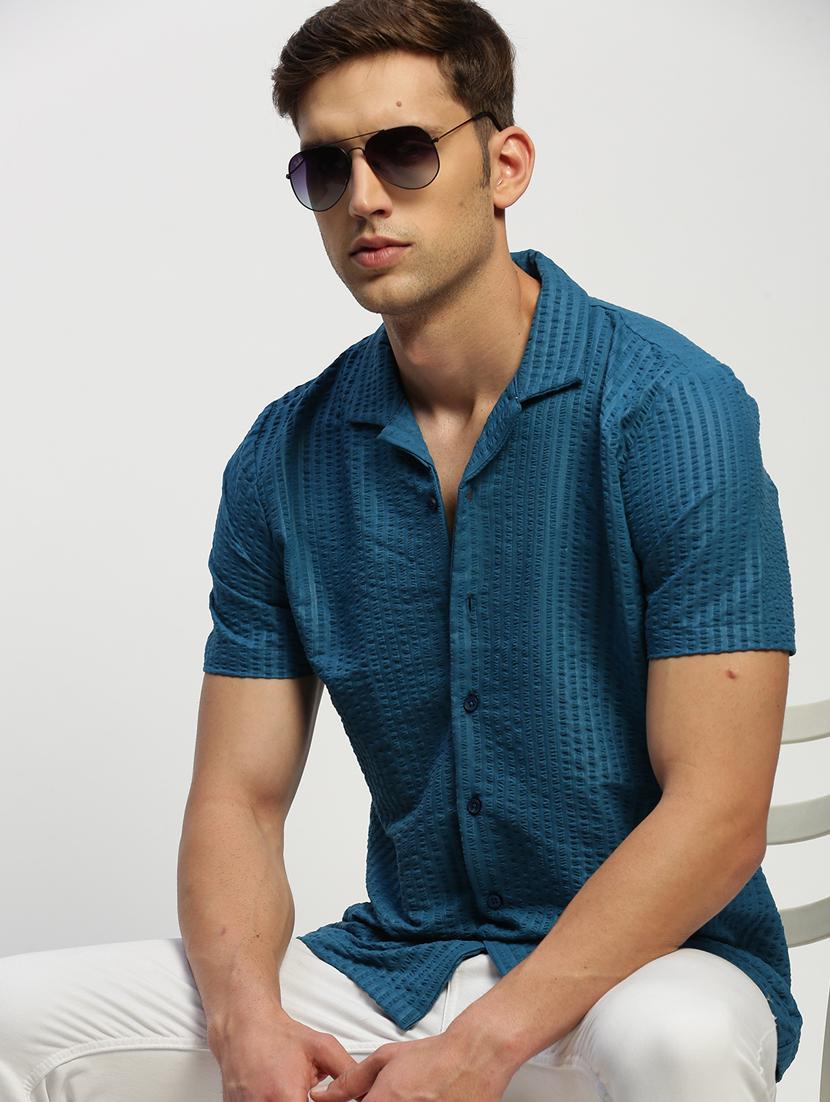 men teal self design cotton blend casual shirt - 20383999 - Standard Image - 4