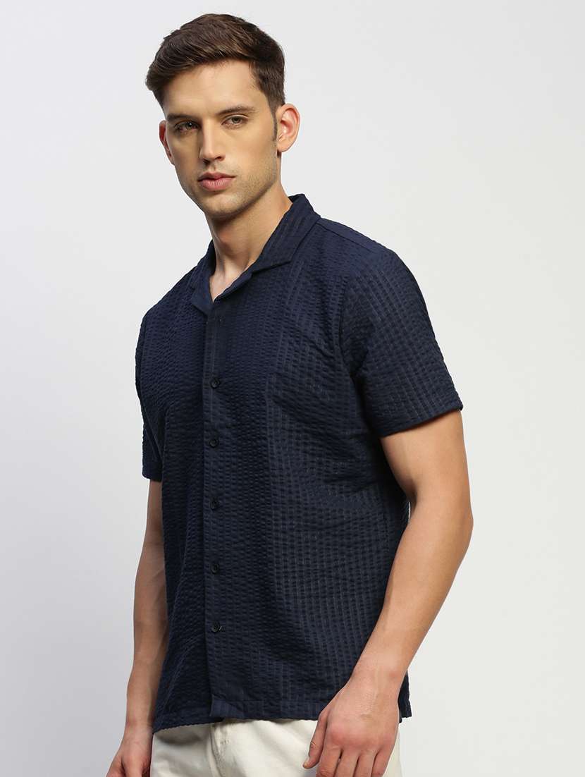 men self designed navy blue slim fit cotton blend casual shirt - 20384003 - Standard Image - 1