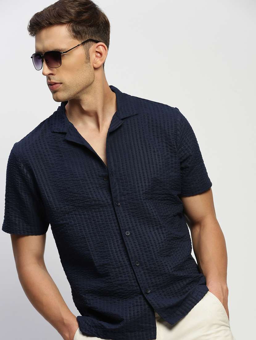 men self designed navy blue slim fit cotton blend casual shirt - 20384003 - Standard Image - 4
