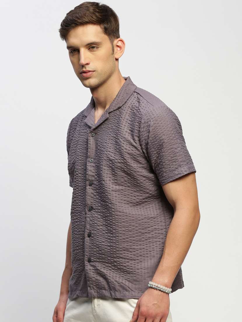 men charcoal self design cotton blend casual shirt - 20384008 -  Standard Image - 1