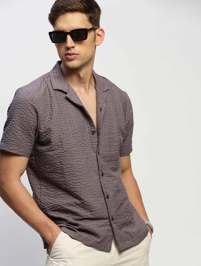men charcoal self design cotton blend casual shirt - 20384008 - Standard Image - 4