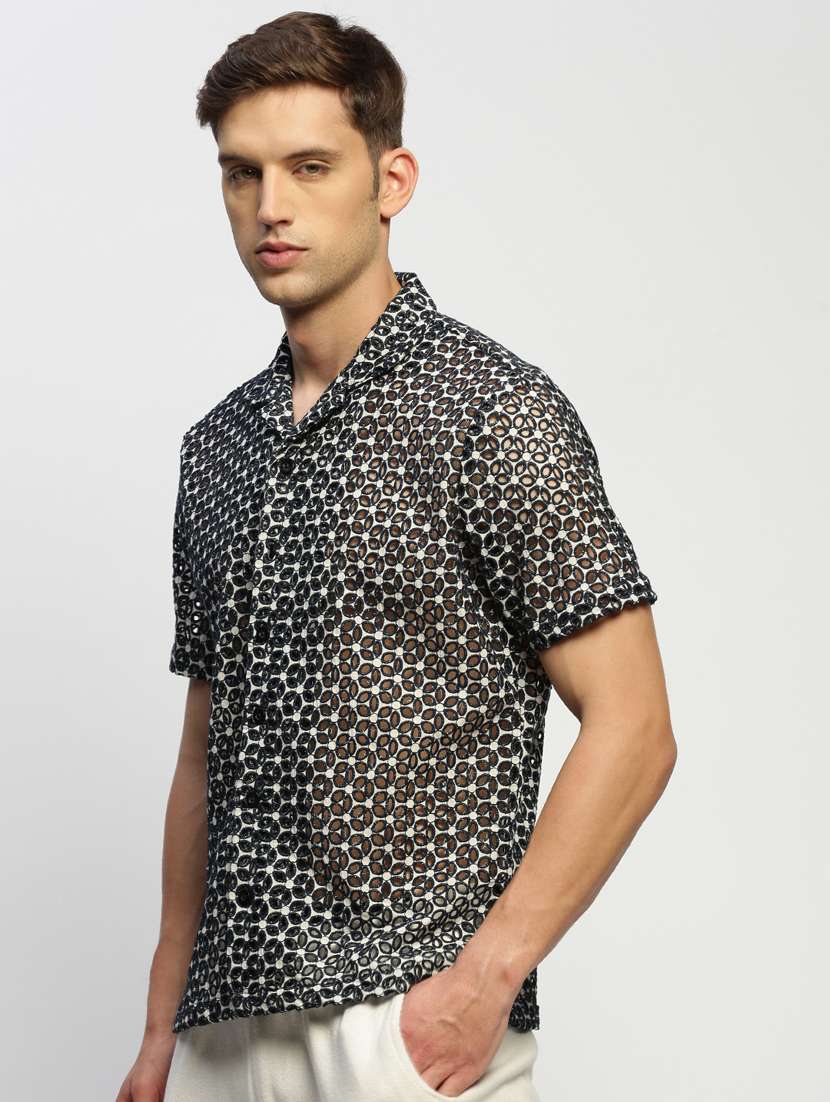 men black self design cotton blend casual shirt - 20384012 -  Standard Image - 1
