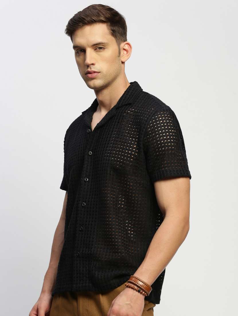 men black self design cotton blend casual shirt - 20384015 -  Standard Image - 1