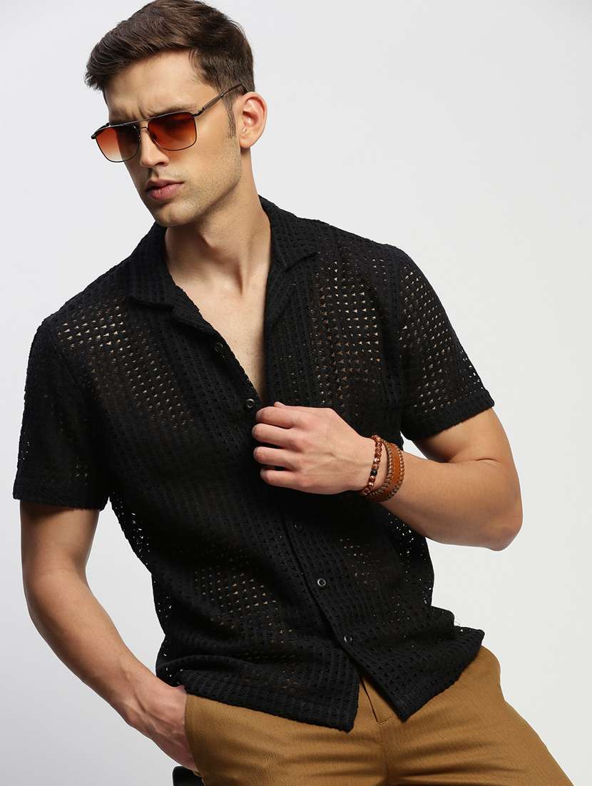 men black self design cotton blend casual shirt - 20384015 -  Standard Image - 4