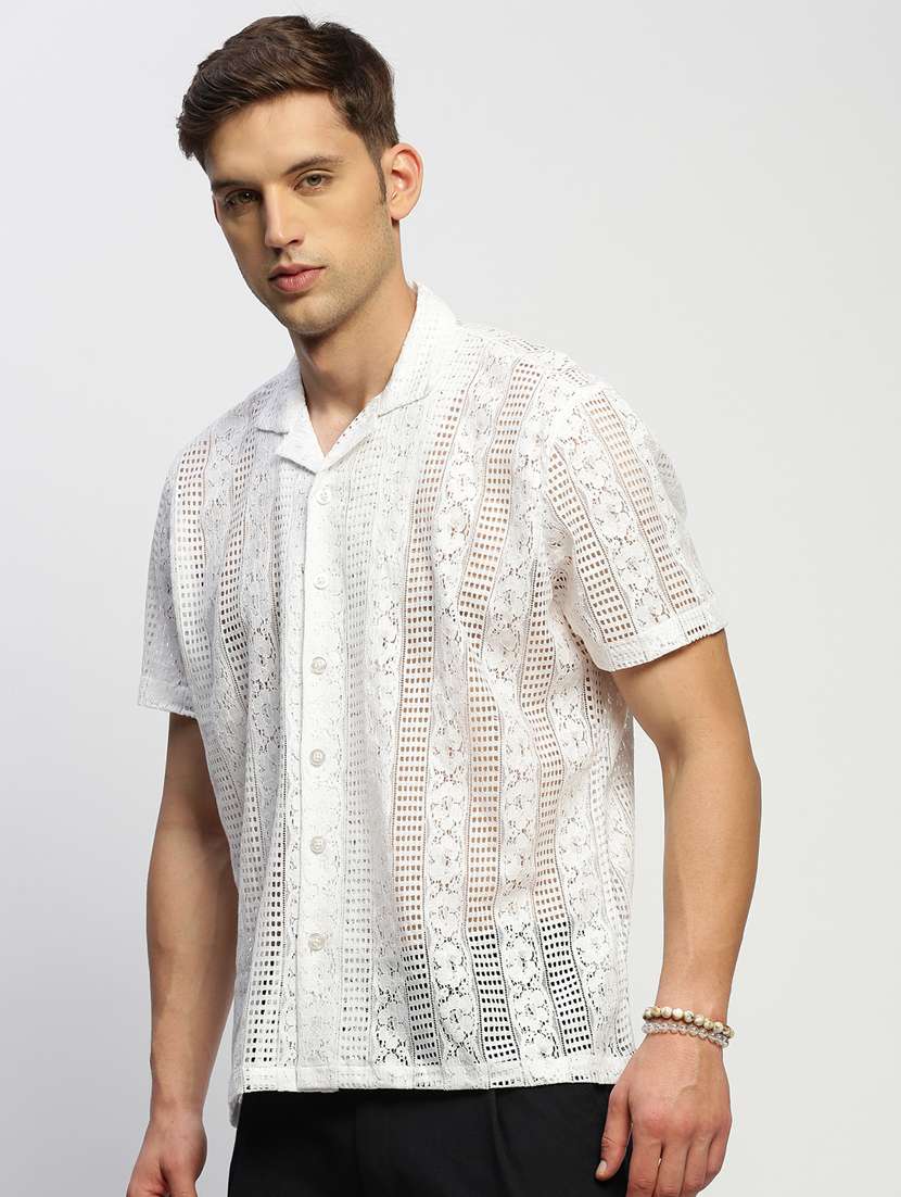 men self design white slim fit cotton blend casual shirt - 20384022 -  Standard Image - 1
