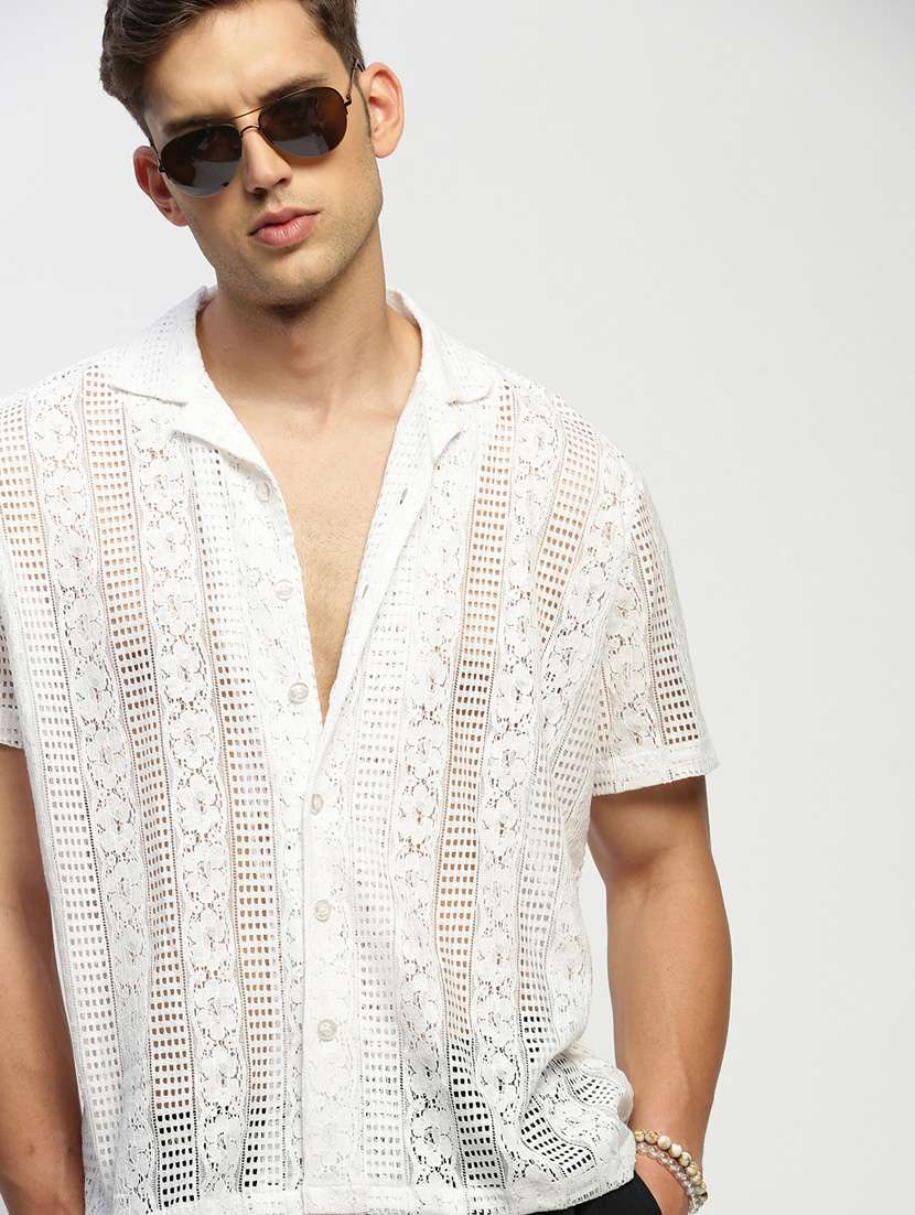 men self design white slim fit cotton blend casual shirt - 20384022 -  Standard Image - 4