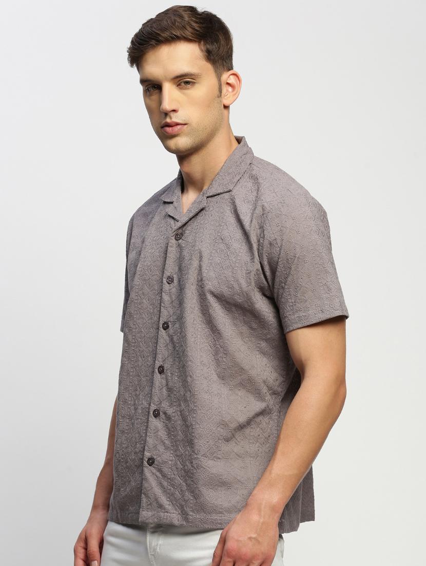 men self designed grey slim fit cotton blend casual shirt - 20384023 - Standard Image - 1