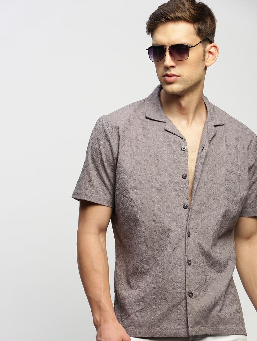 men self designed grey slim fit cotton blend casual shirt - 20384023 - Standard Image - 4