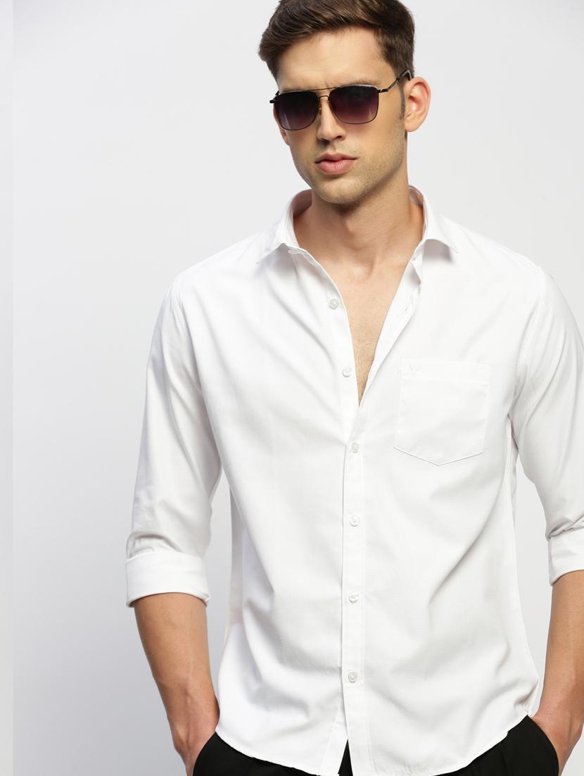 men solid white slim fit cotton blend casual shirt - 20384024 - Standard Image - 4