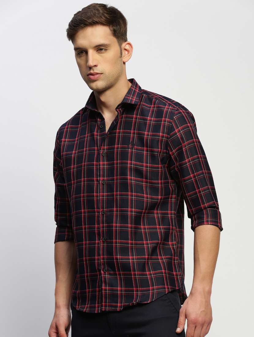 men navy blue checkered slim fit cotton blend casual shirt - 20384031 - Standard Image - 1