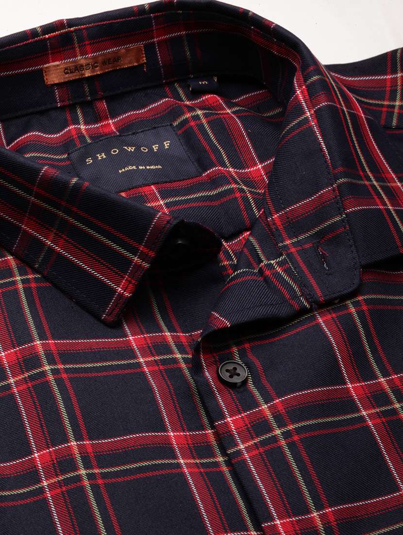 men navy blue checkered slim fit cotton blend casual shirt - 20384031 - Standard Image - 6