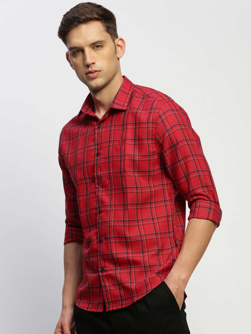men tartan checkered red cotton blend casual shirt - 20384032 -  Standard Image - 1