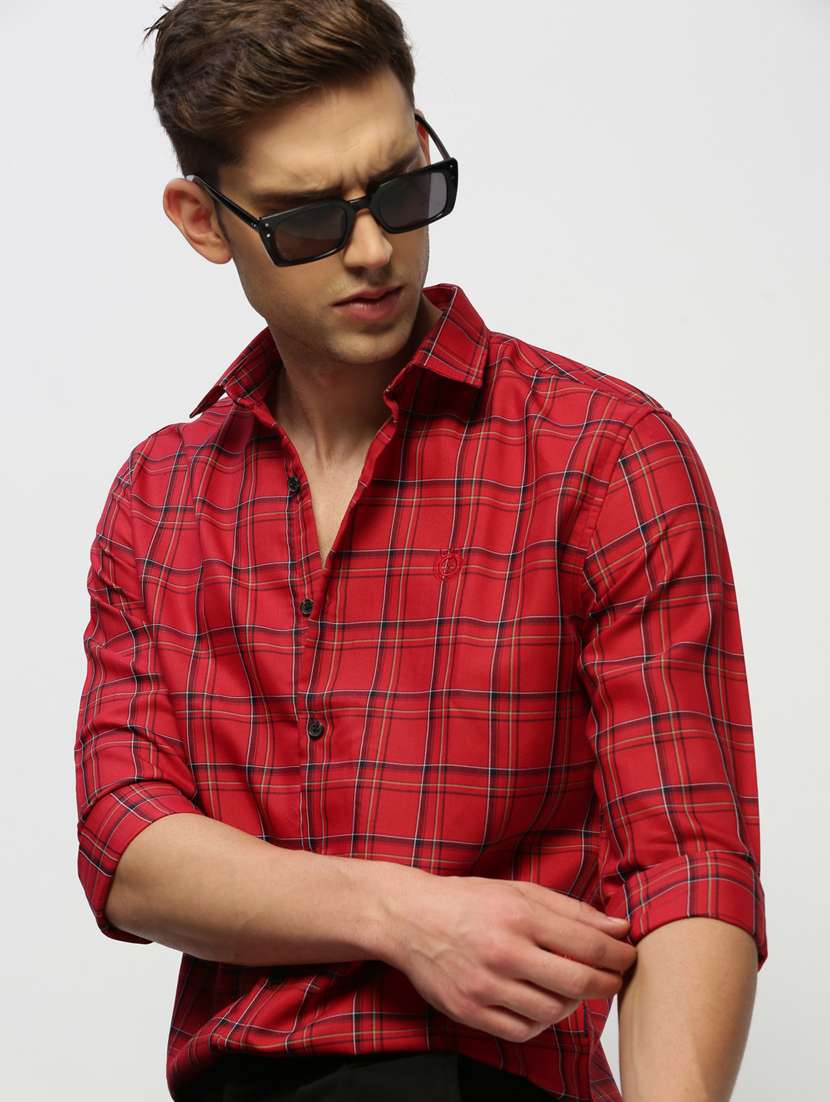 men tartan checkered red cotton blend casual shirt - 20384032 -  Standard Image - 4