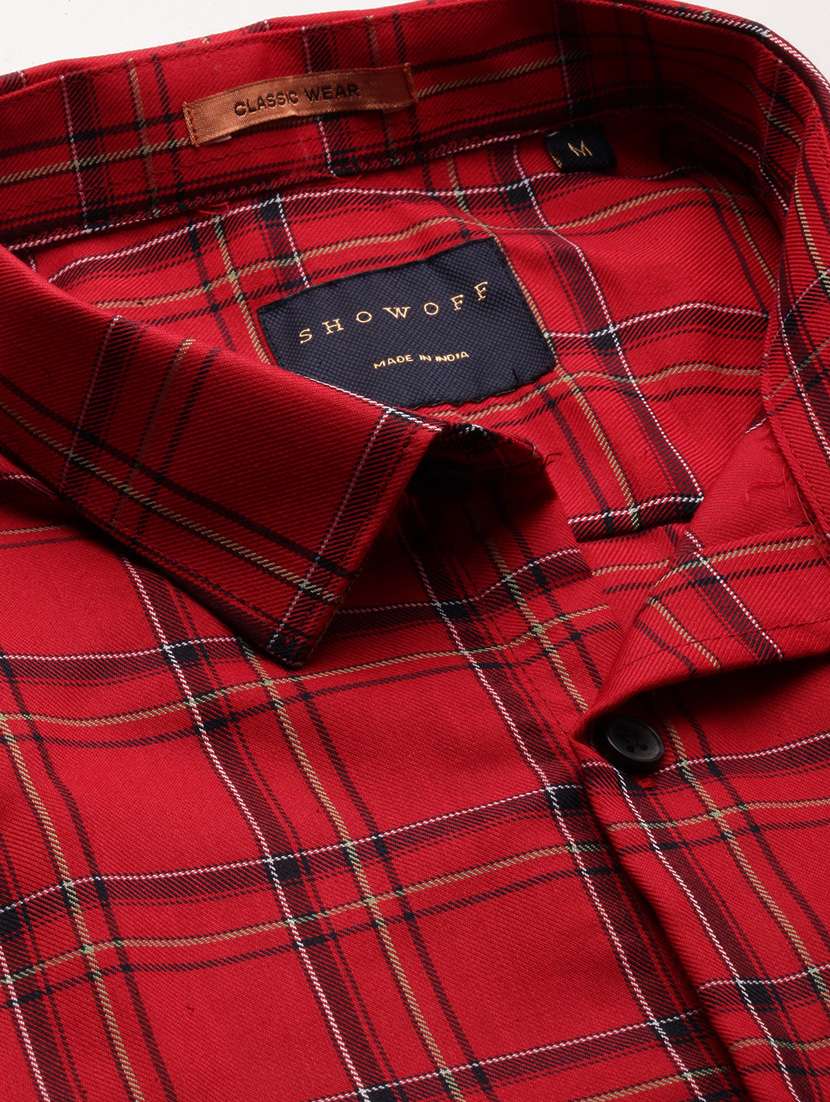 men tartan checkered red cotton blend casual shirt - 20384032 -  Standard Image - 6