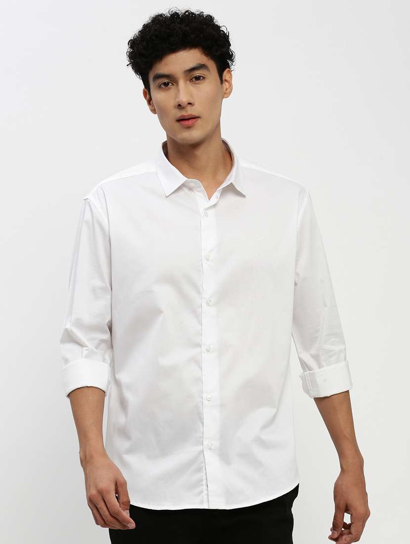 men solid white cotton blend casual shirt