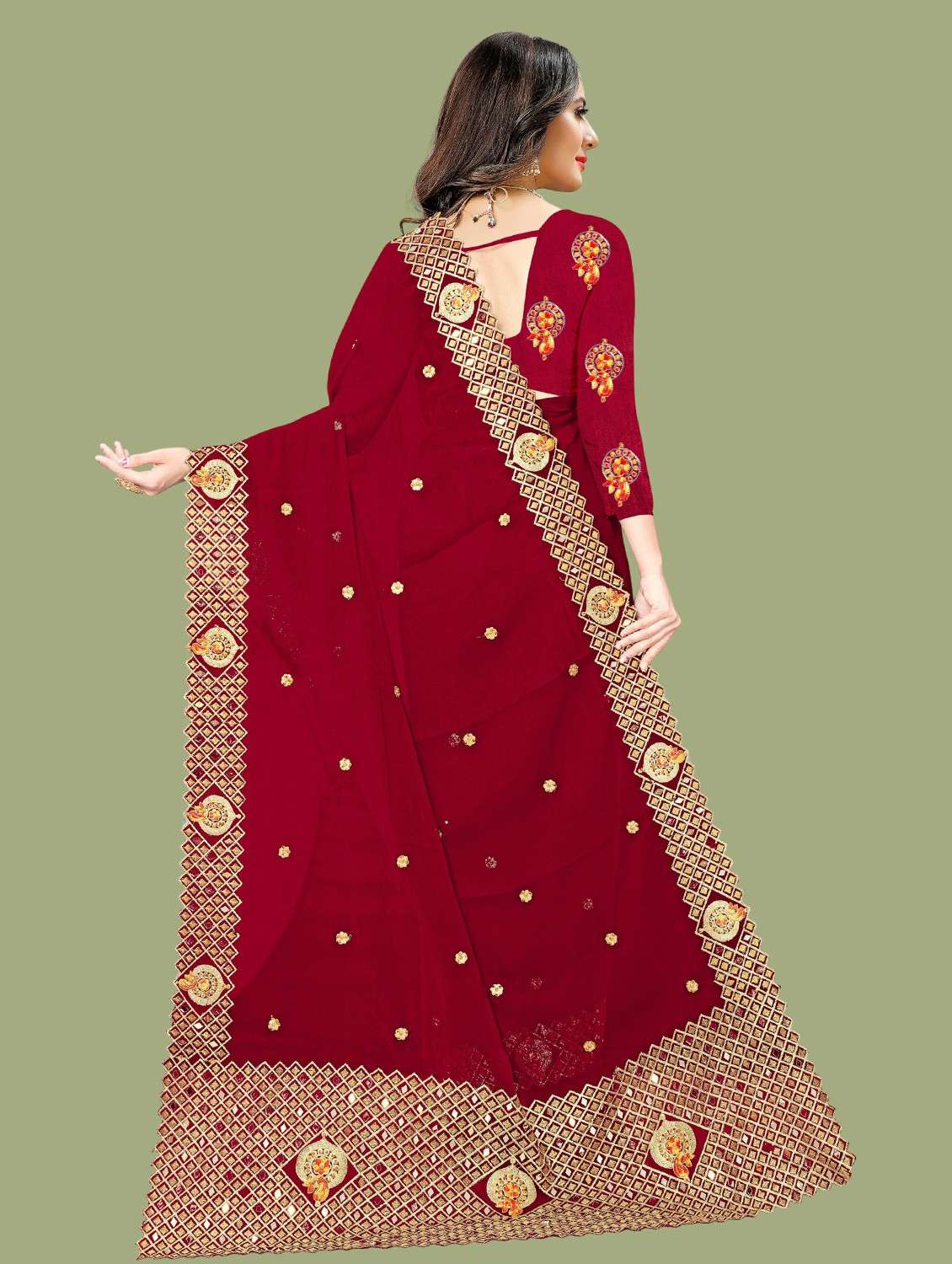 women maroon embellished lace work saree with blouse - 20384058 - Standard Image - 1