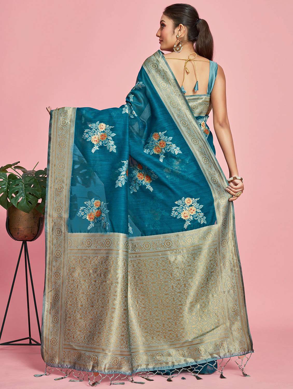 women's floral turquoise colored saree with blouse - 20384179 -  Standard Image - 1