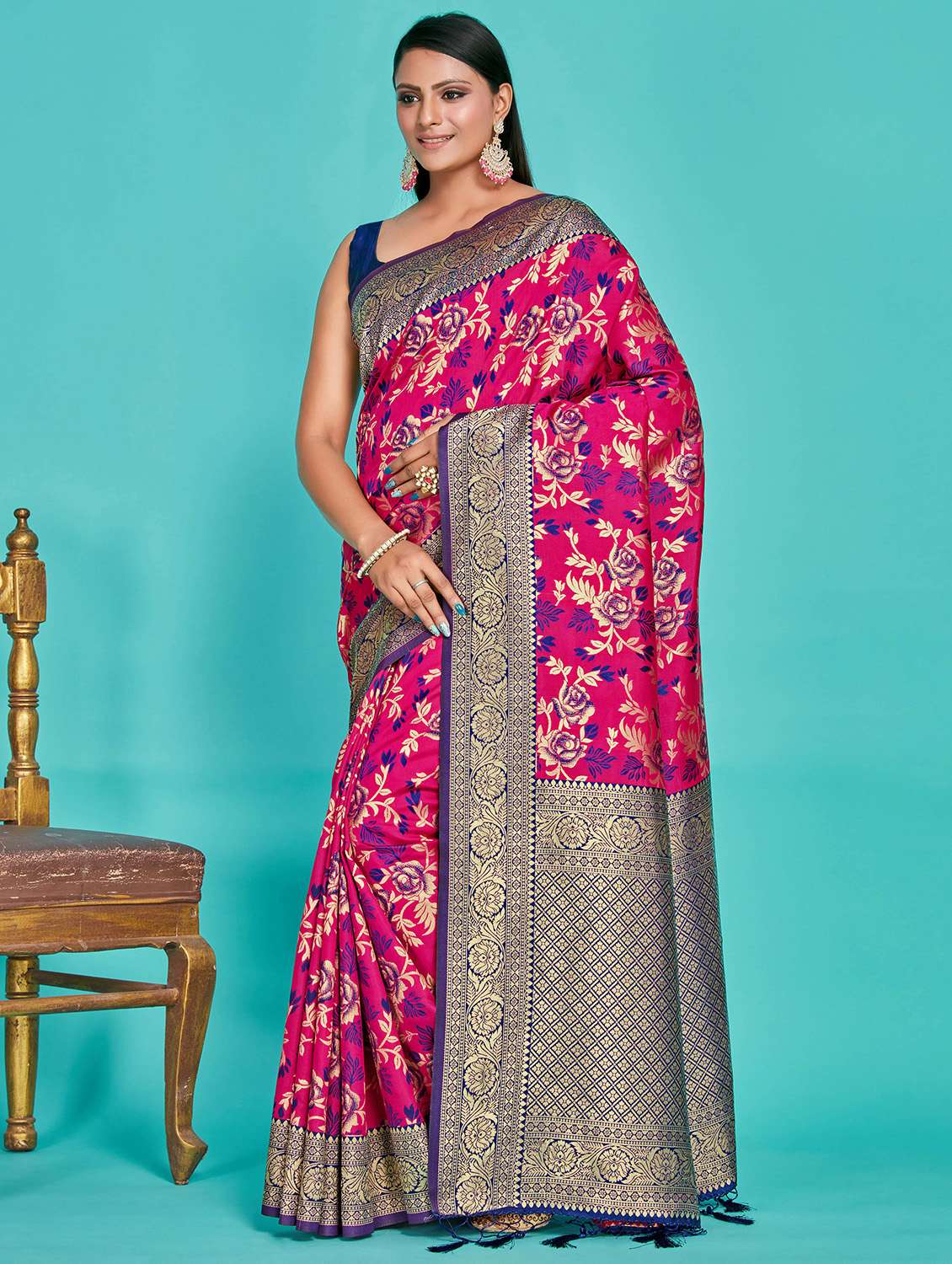 women's floral pink colored saree with blouse