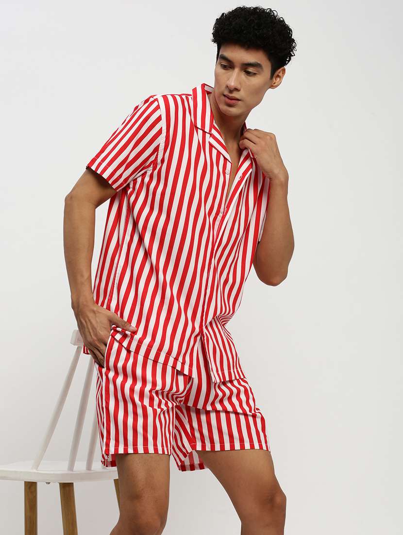 men red striped cotton blend co-ord set - 20384283 -  Standard Image - 4