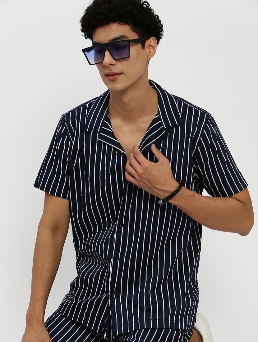 men navy blue vertical striped cotton blend co-ord set - 20384298 - Standard Image - 4
