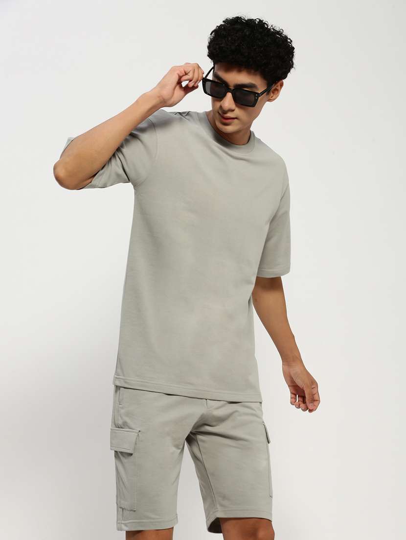 men grey solid cotton blend co-ord set - 20384301 -  Standard Image - 4