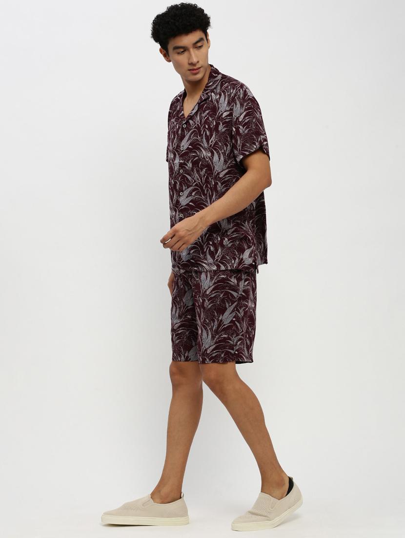 men burgundy tropical print cotton blend co-ord set - 20384316 -  Standard Image - 1