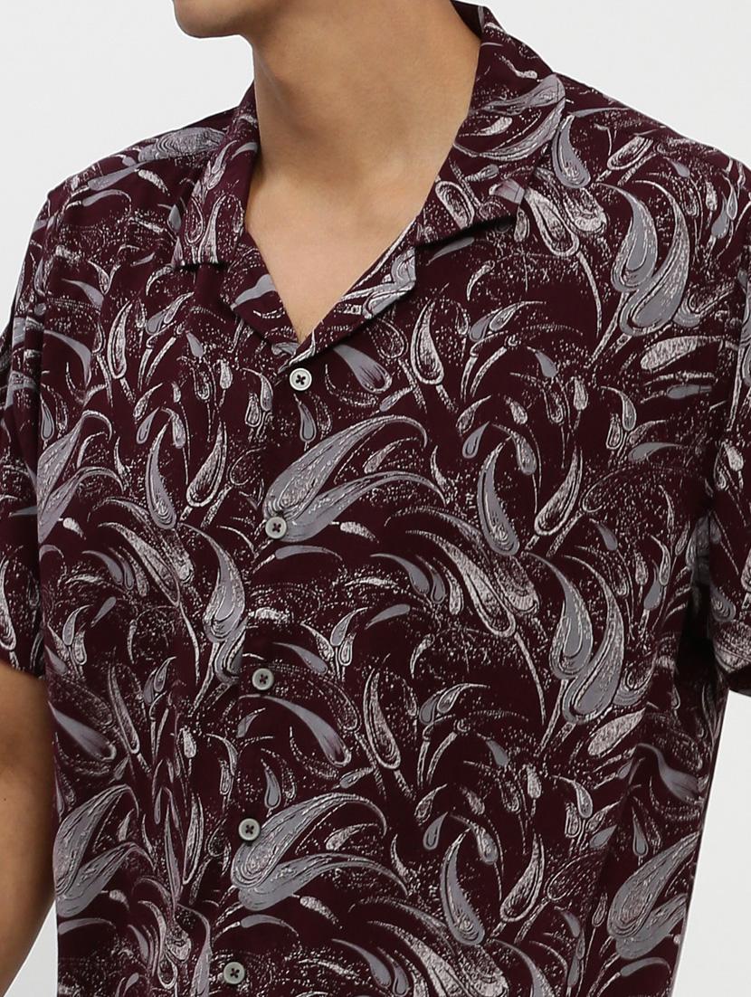 men burgundy tropical print cotton blend co-ord set - 20384316 - Standard Image - 6