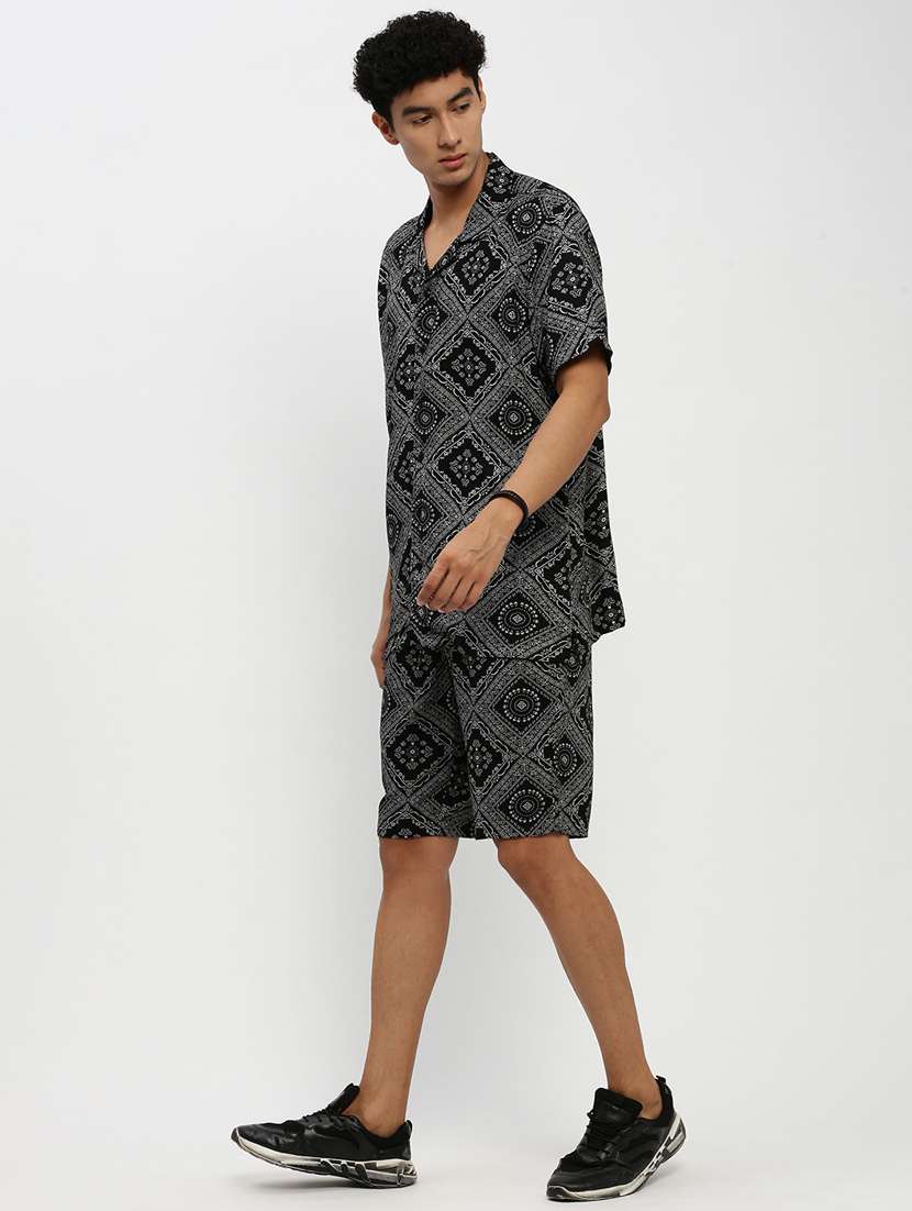 men black block print cotton blend co-ord set - 20384318 -  Standard Image - 1