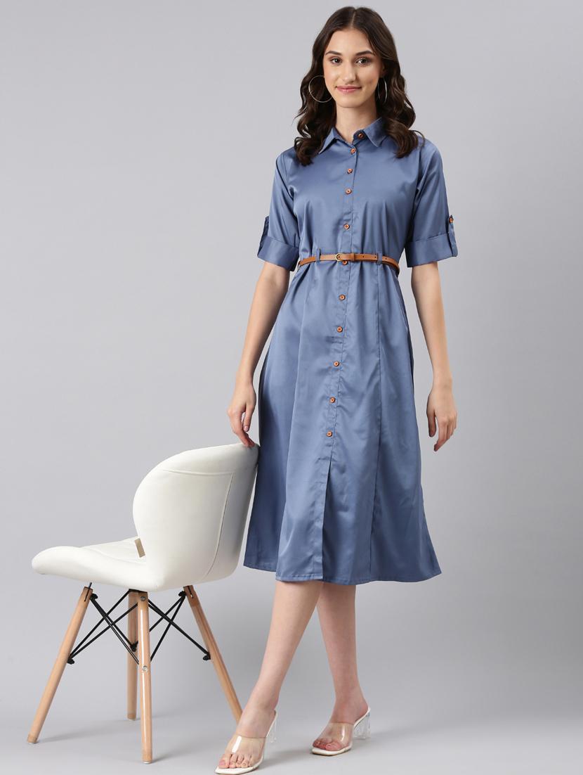 blue solid shirt dress - 20384908 - Standard Image - 4