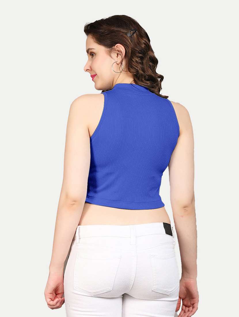 blue solid sleeveless mock neck crop top - 20385524 - Standard Image - 1