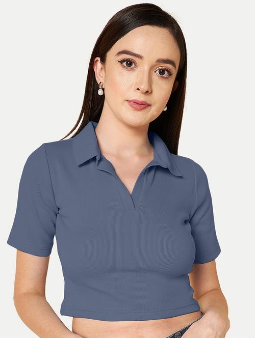 women blue solid polo neck crop top - 20385539 - Standard Image - 0
