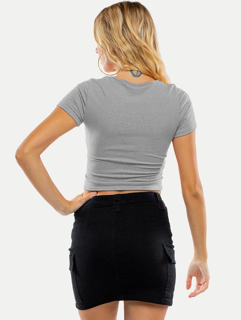 grey solid short sleeves crop top - 20385559 - Standard Image - 1