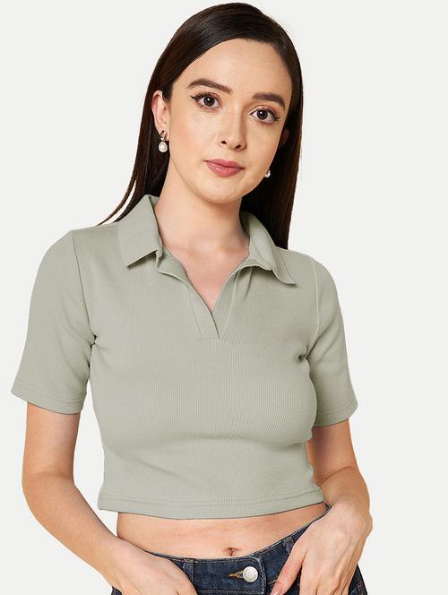 women grey solid polo neck crop top - 20385594 - Standard Image - 0