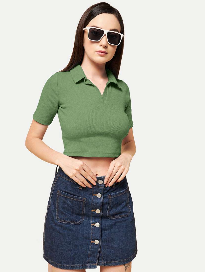 women green solid polo neck crop top - 20385595 -  Standard Image - 1