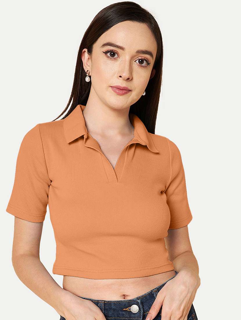 orange solid polo neck crop top - 20385604 - Zoom Image - 0