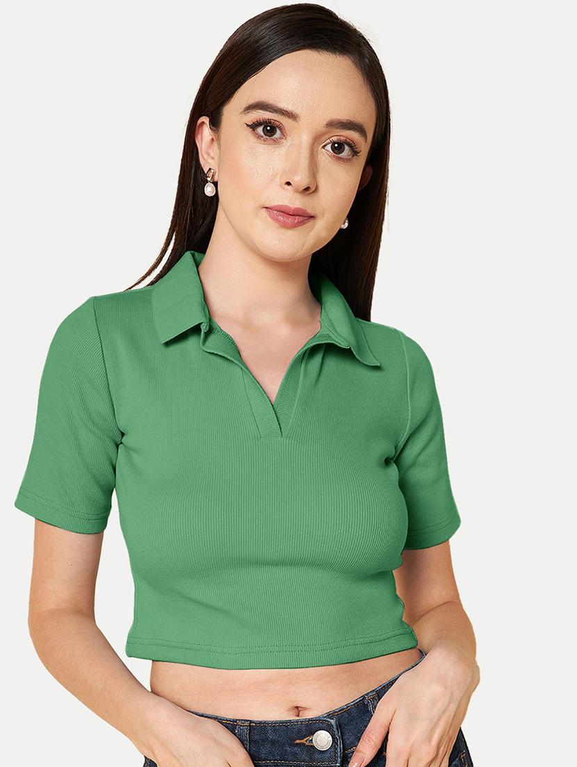 green solid polo neck crop top - 20385606 - Zoom Image - 0