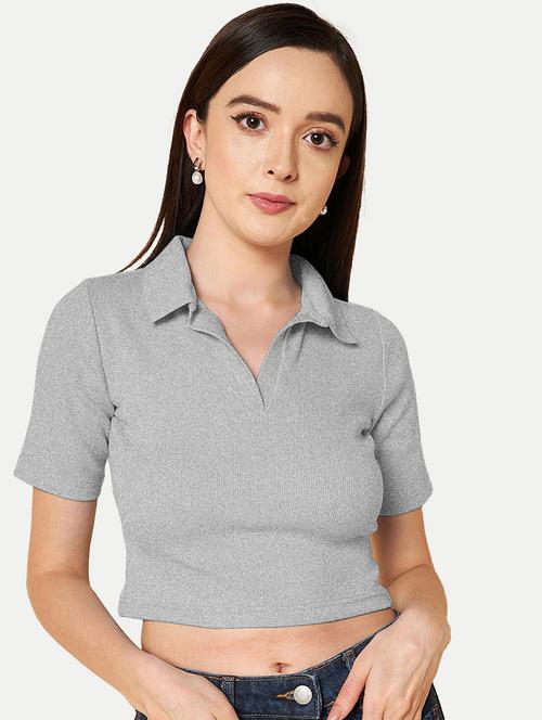 women grey solid polo neck crop top - 20385607 - Standard Image - 0