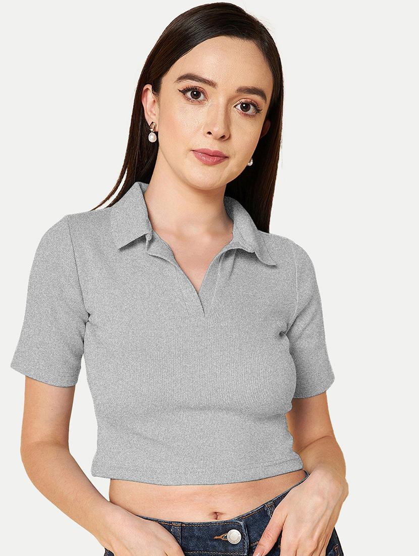 women grey solid polo neck crop top - 20385607 - Zoom Image - 0