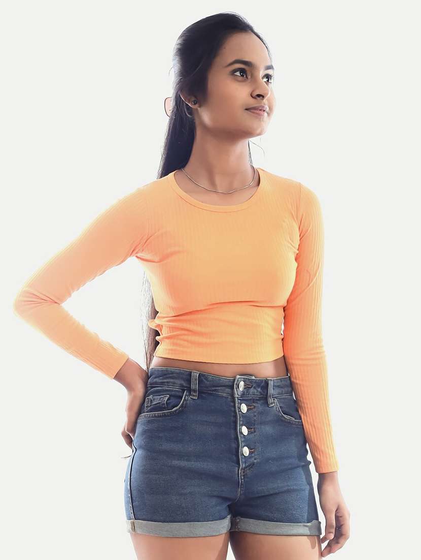 orange solid back tie up crop top