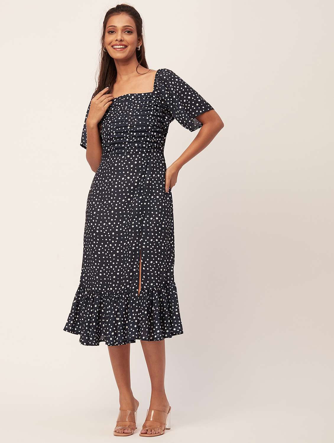 navy blue polka dots high slit dress - 20386174 - Zoom Image - 0