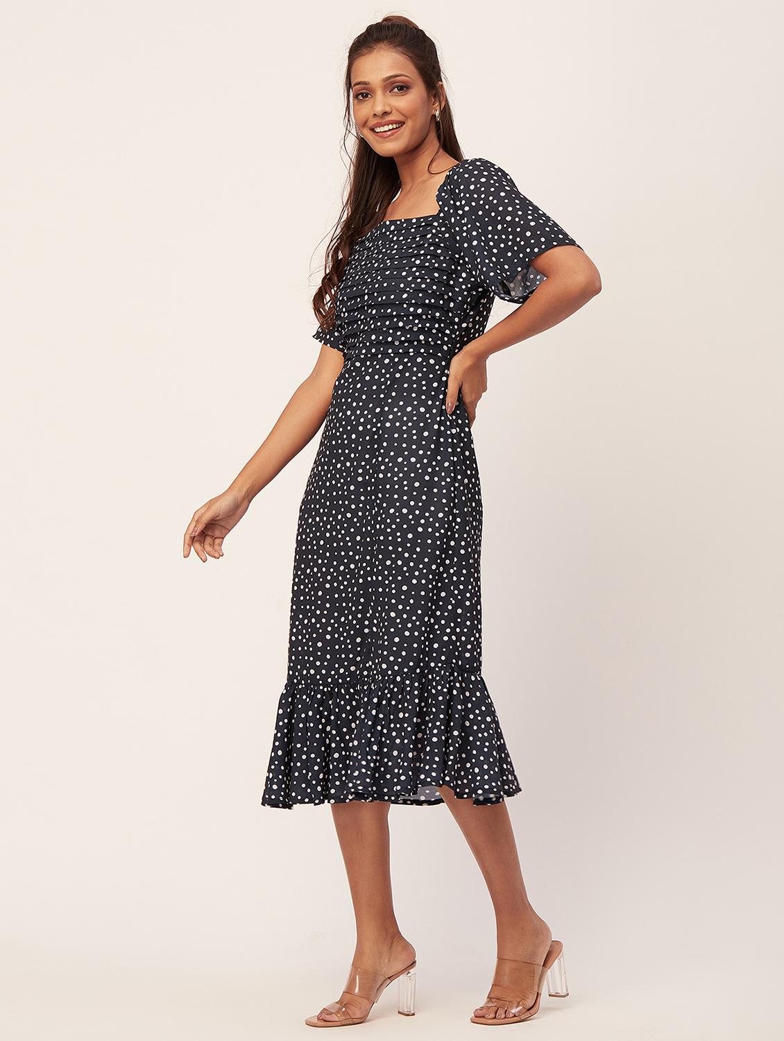 navy blue polka dots high slit dress - 20386174 -  Standard Image - 1