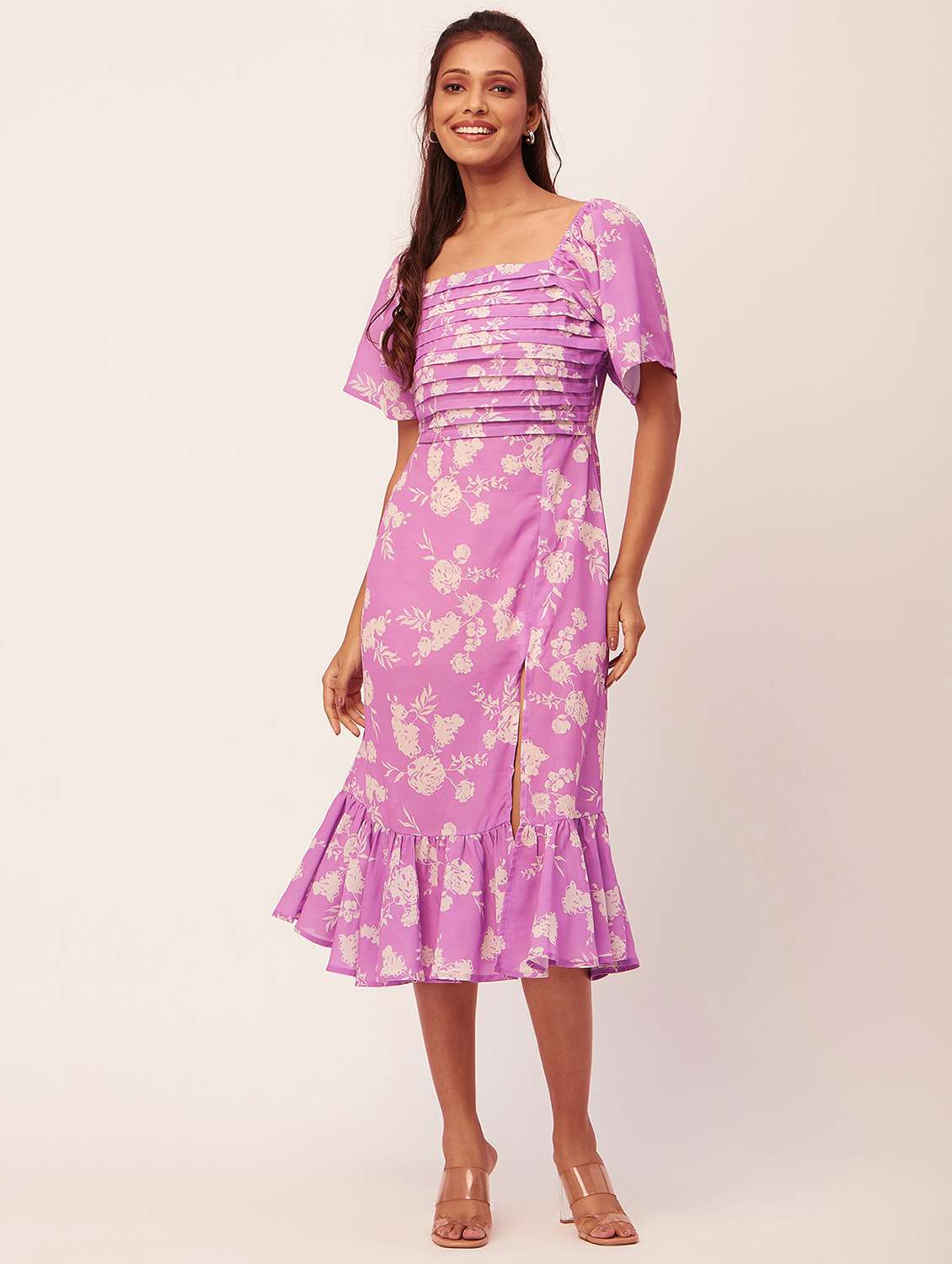 purple floral high slit dress