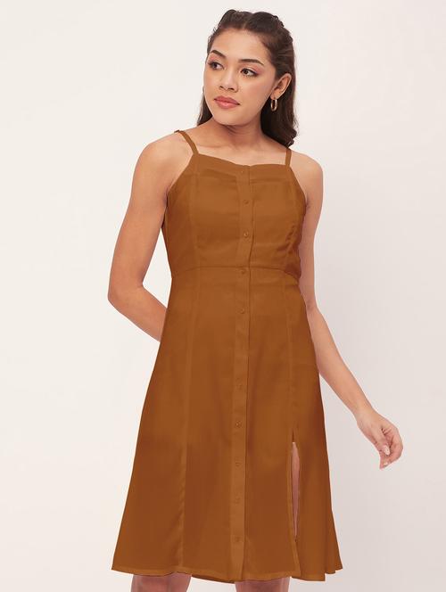 brown solid shoulder strap a-line dress - 20386195 - Standard Image - 0