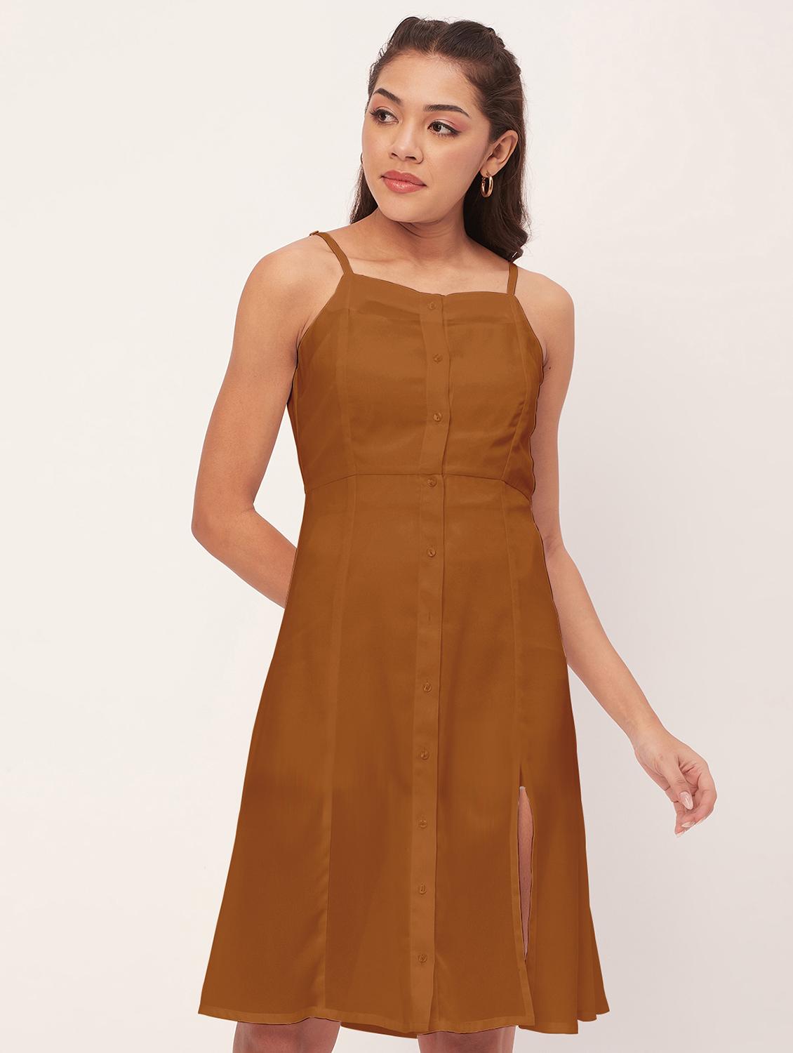 brown solid shoulder strap a-line dress - 20386195 - Zoom Image - 0